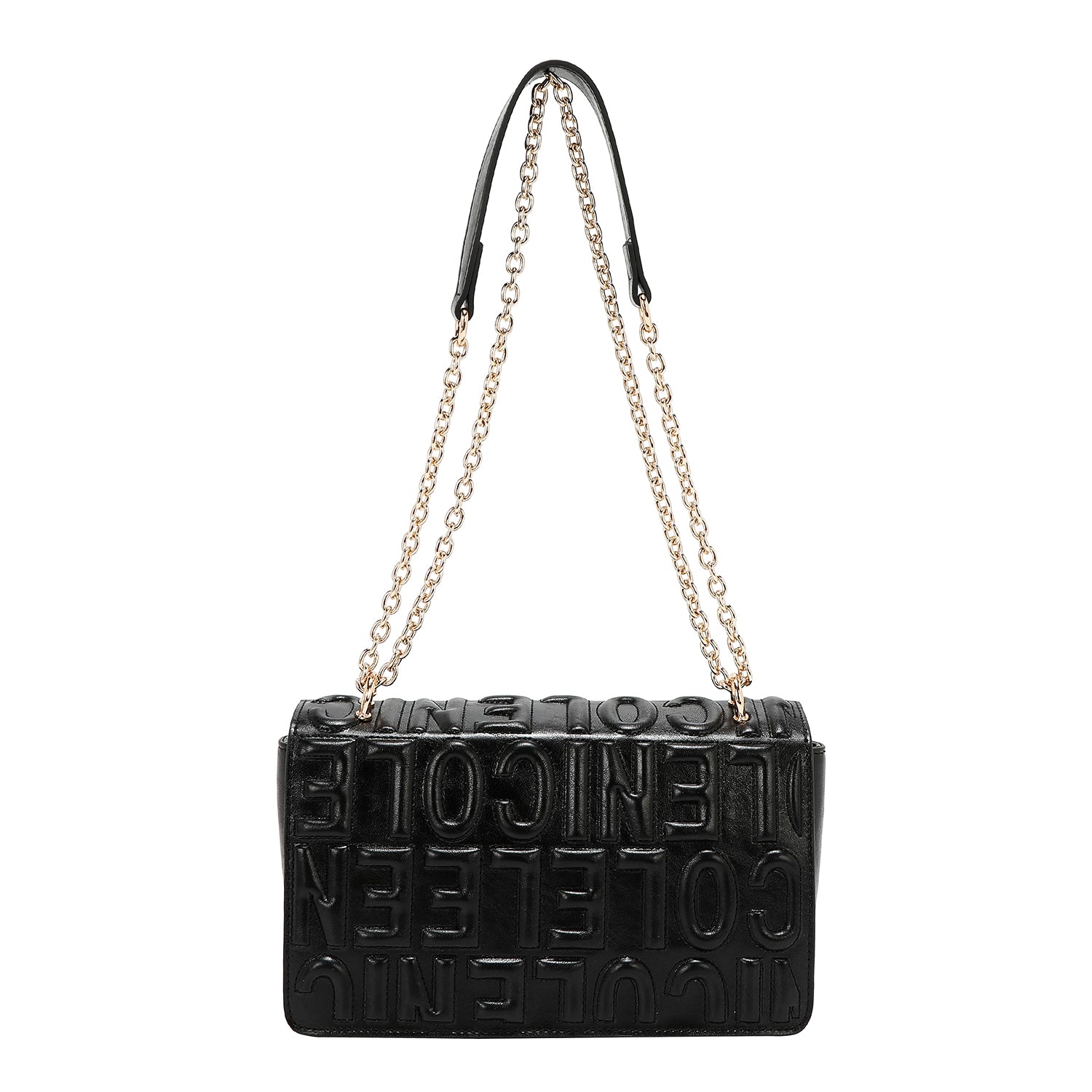 BORSA A TRACOLLA CON CATENA E LOGO RILIEVO (NERO)