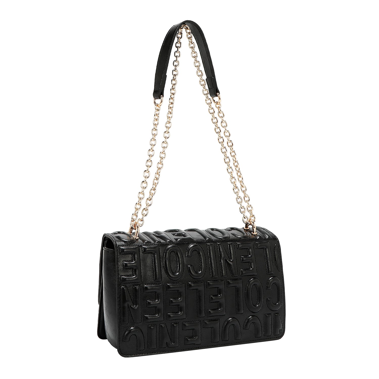 BORSA A TRACOLLA CON CATENA E LOGO RILIEVO (NERO)