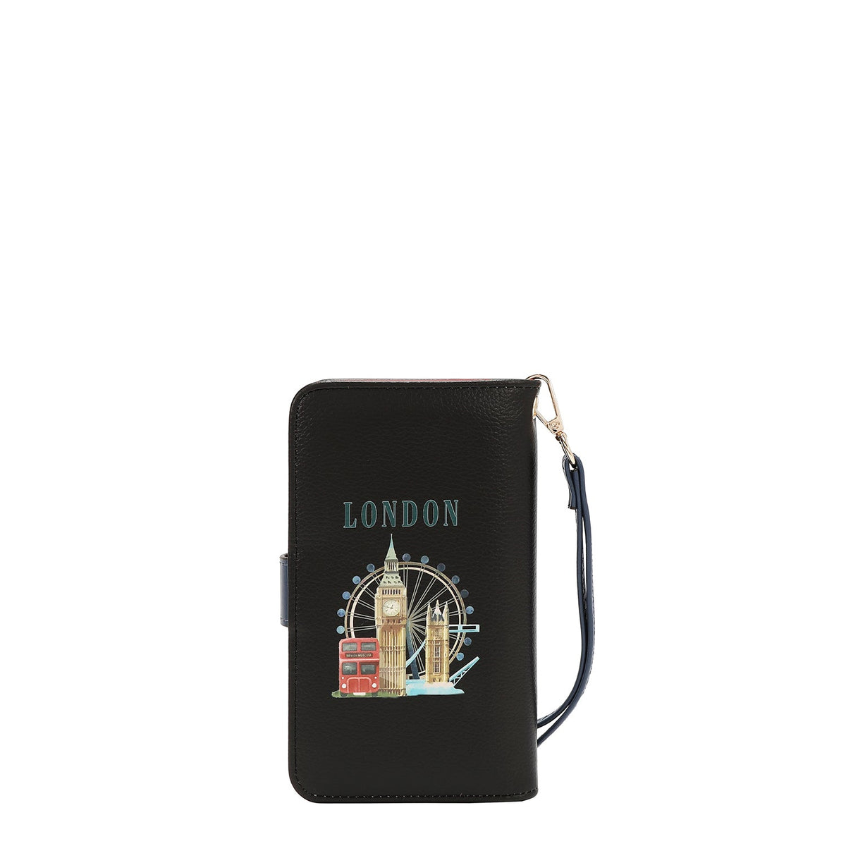 FUNDA DE TELÉFONO Y CARTERA CON LA FIRMA DE NL CON CORREA (LONDON EYE-NEGRO)