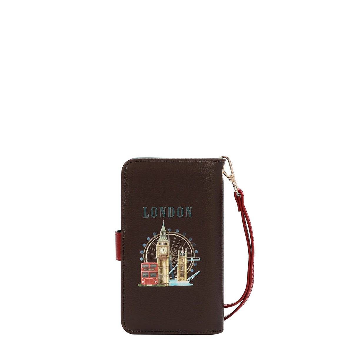 FUNDA DE TELÉFONO Y CARTERA CON LA FIRMA DE NL CON CORREA (LONDON EYE-MARRON)