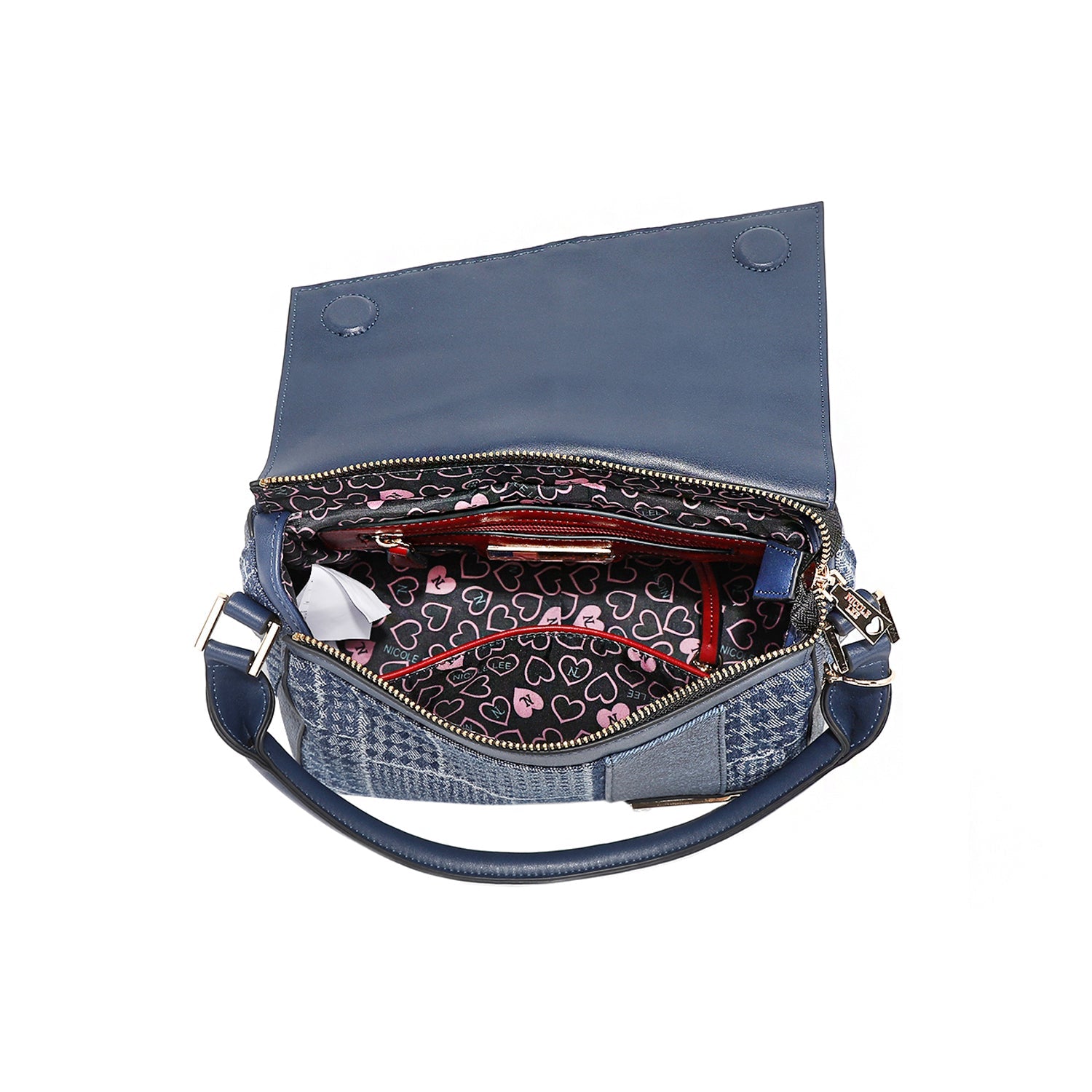 BOLSO CON SOLAPA Y PARCHE FLORAL (AZUL)