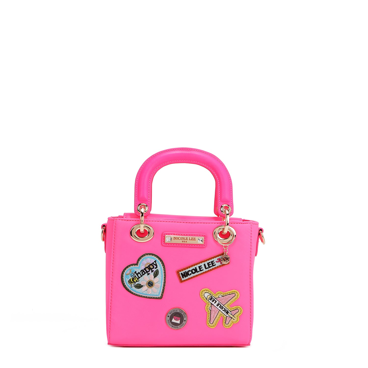 BOLSO DE MANO CON PARCHES DE COLORES (ROSA)