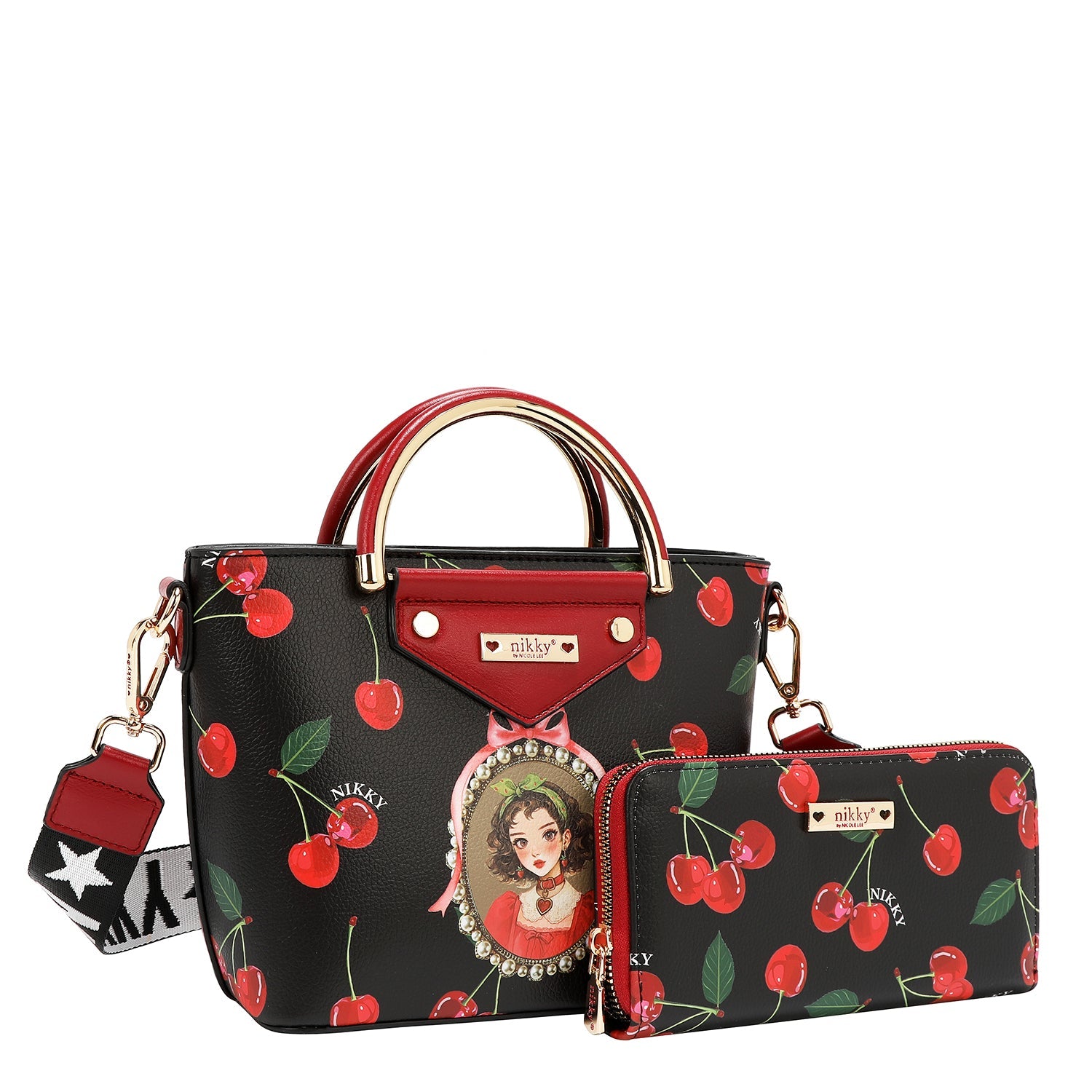 CONJUNTO DE 3 PIEZAS (SATCHEL, BANDOLERA, CARTERA) (CHERRY LIPS-BLACK)
