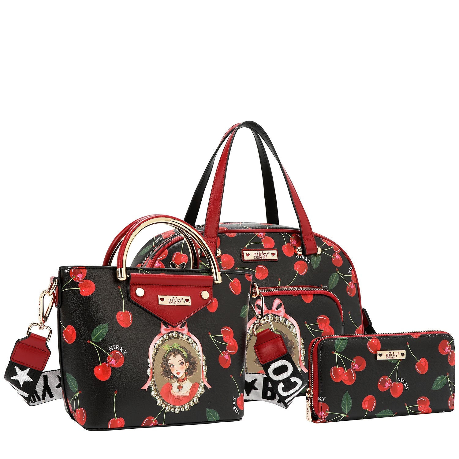 CONJUNTO DE 3 PIEZAS (SATCHEL, BANDOLERA, CARTERA) (CHERRY LIPS-BLACK)