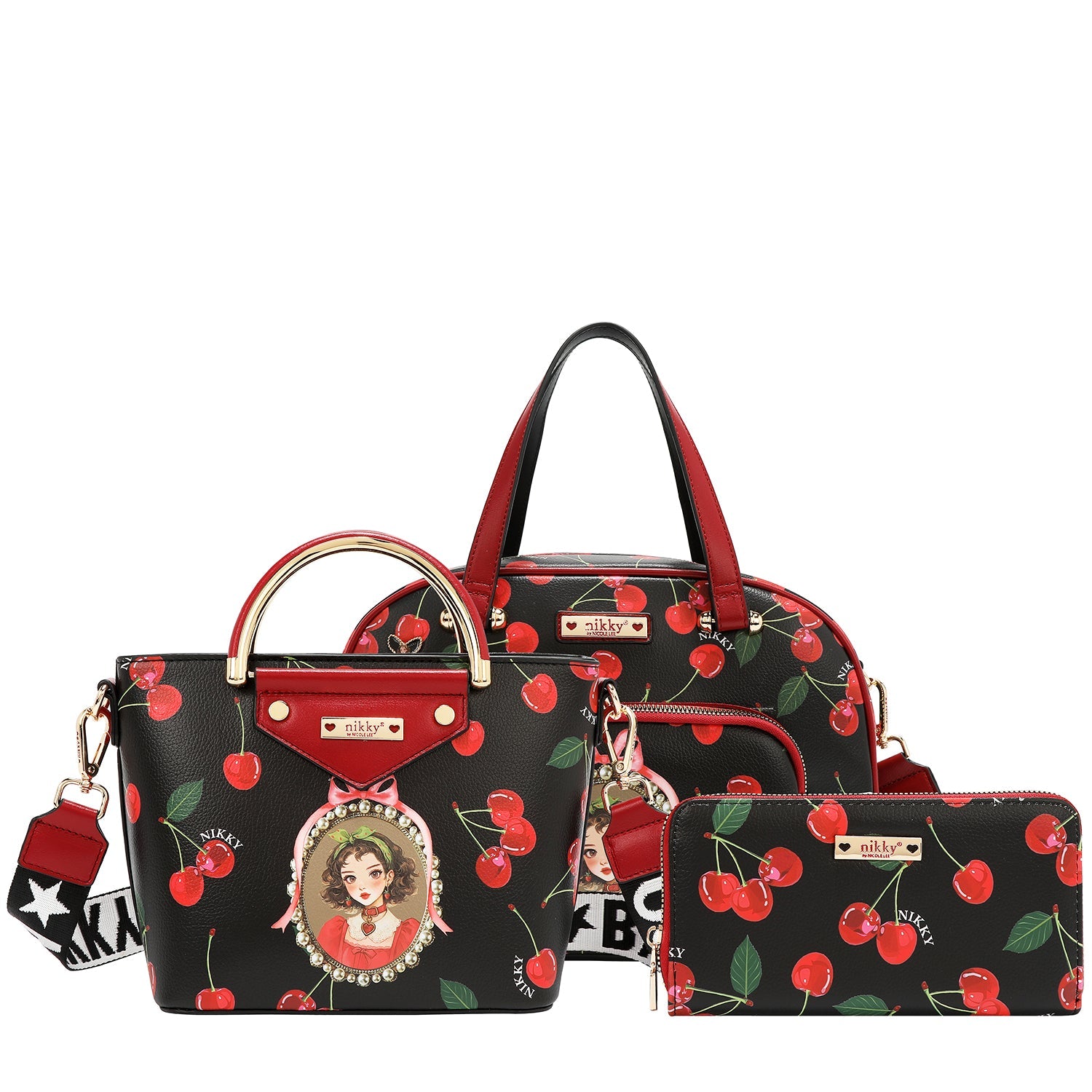 CONJUNTO DE 3 PIEZAS (SATCHEL, BANDOLERA, CARTERA) (CHERRY LIPS-BLACK)