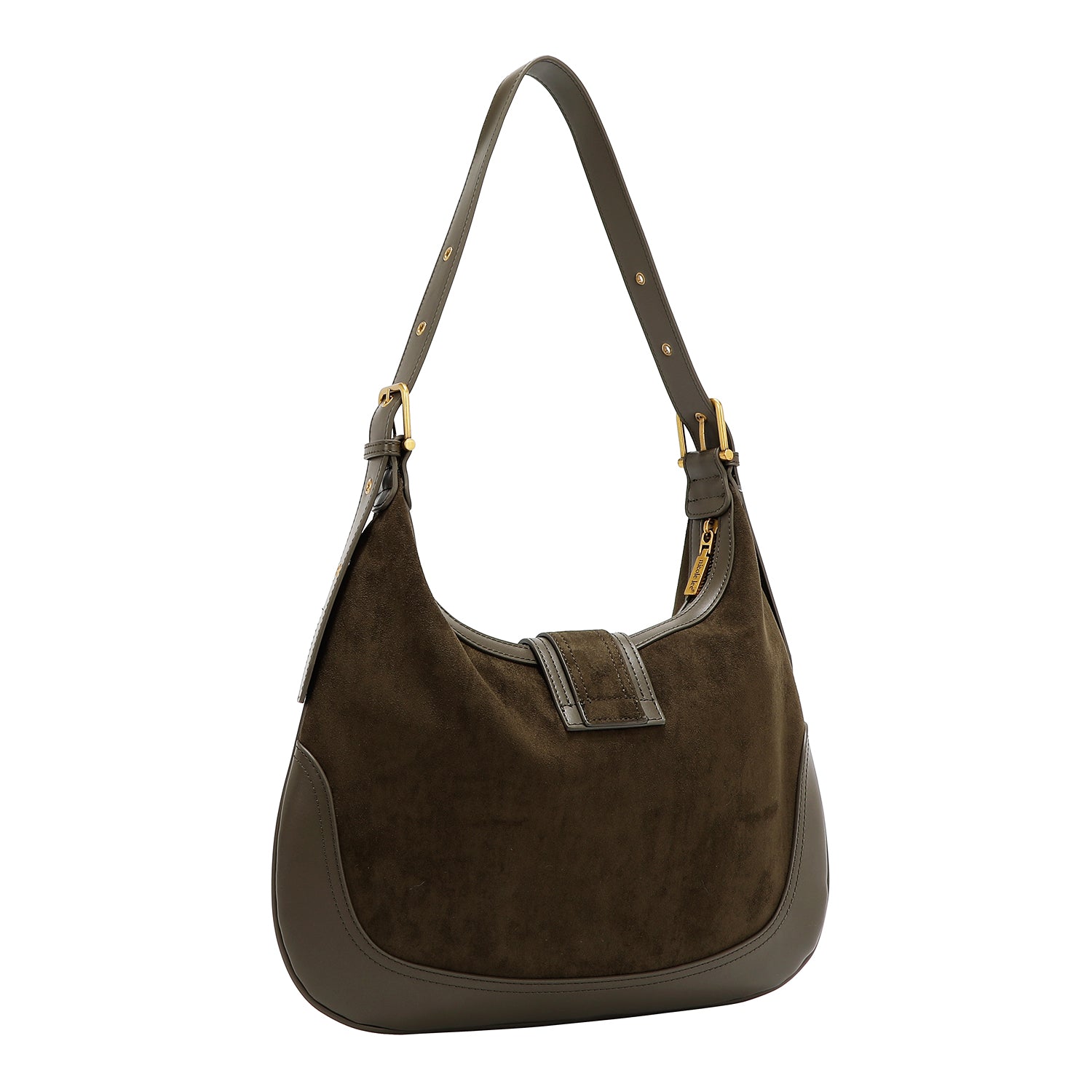BOLSA DE OMBRO COM DESENHO FLORAL EM FORMA DE LUA CRUZADA (AZEITONA)