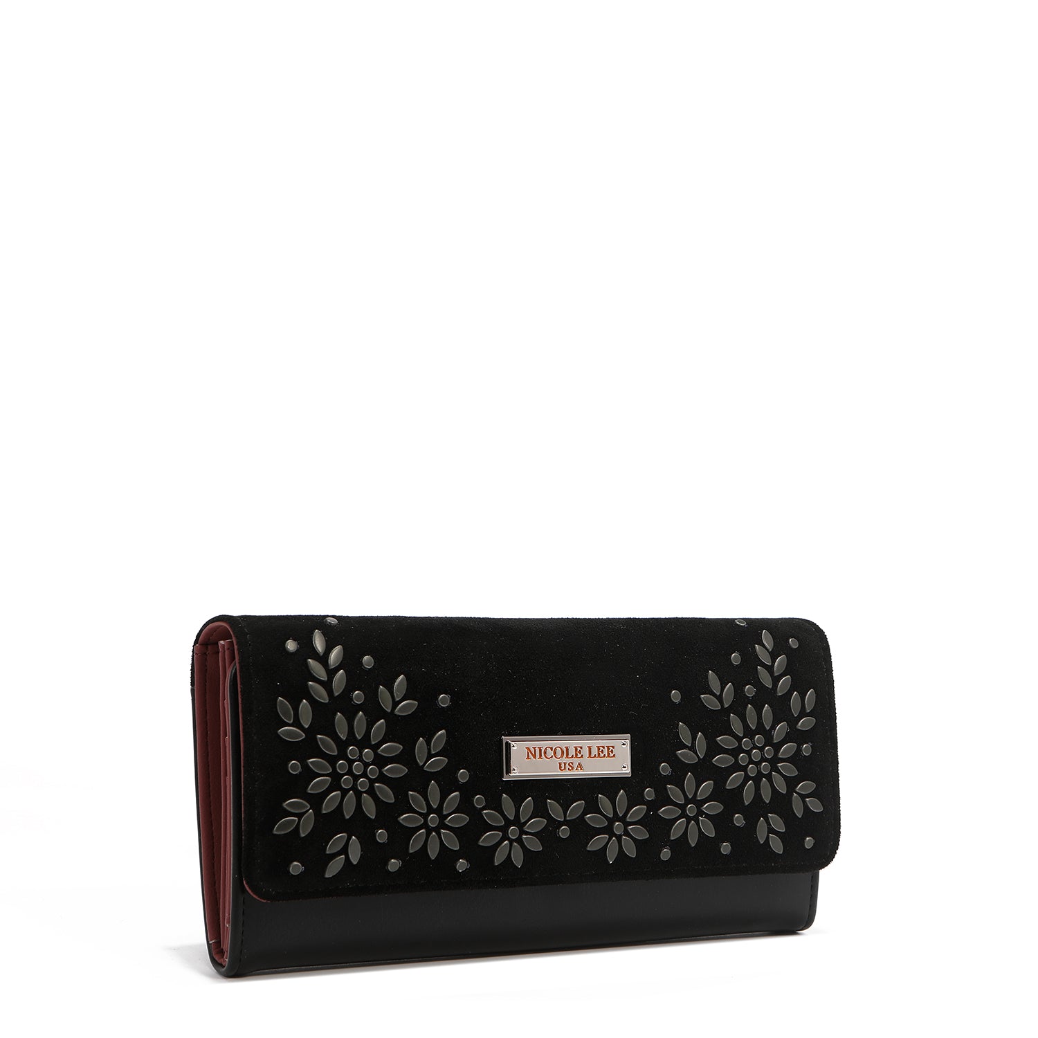 CARTERA LARGA TRIPLE CON DISEÑO FLORAL (NEGRO)