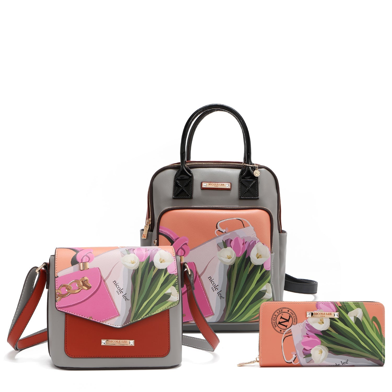 SET DA 3 PEZZI (ZAINO, BORSA A TRACOLLA, PORTAFOGLIO)<tc>VIOLET BLOSSOM</tc>)