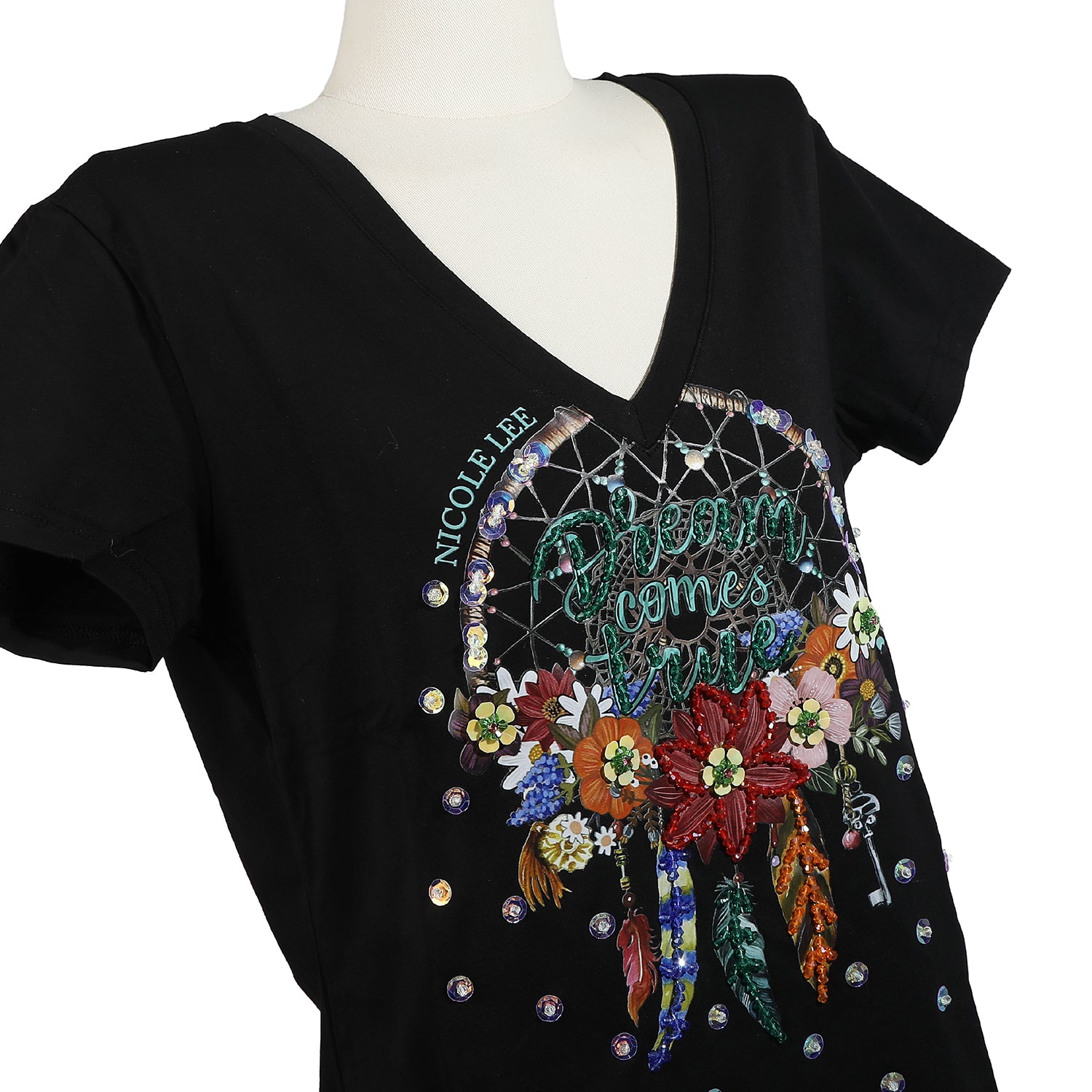 MODISCHES T-SHIRT MIT V-AUSSCHNITT (<tc>DREAM COMES TRUE</tc> WEISS)