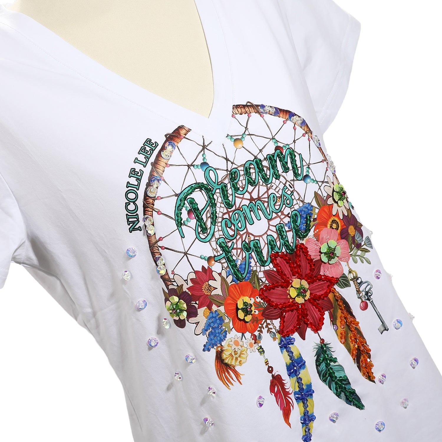 T-SHIRT ALLA MODA CON SCOLLO A V (<tc>DREAM COMES TRUE</tc> NERO)