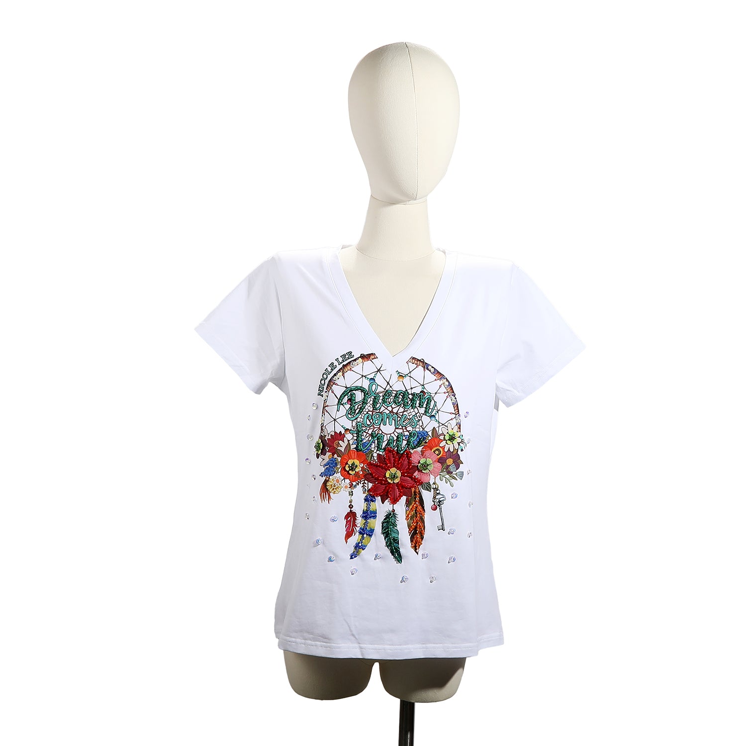 MODISCHES T-SHIRT MIT V-AUSSCHNITT (<tc>DREAM COMES TRUE</tc> SCHWARZ)