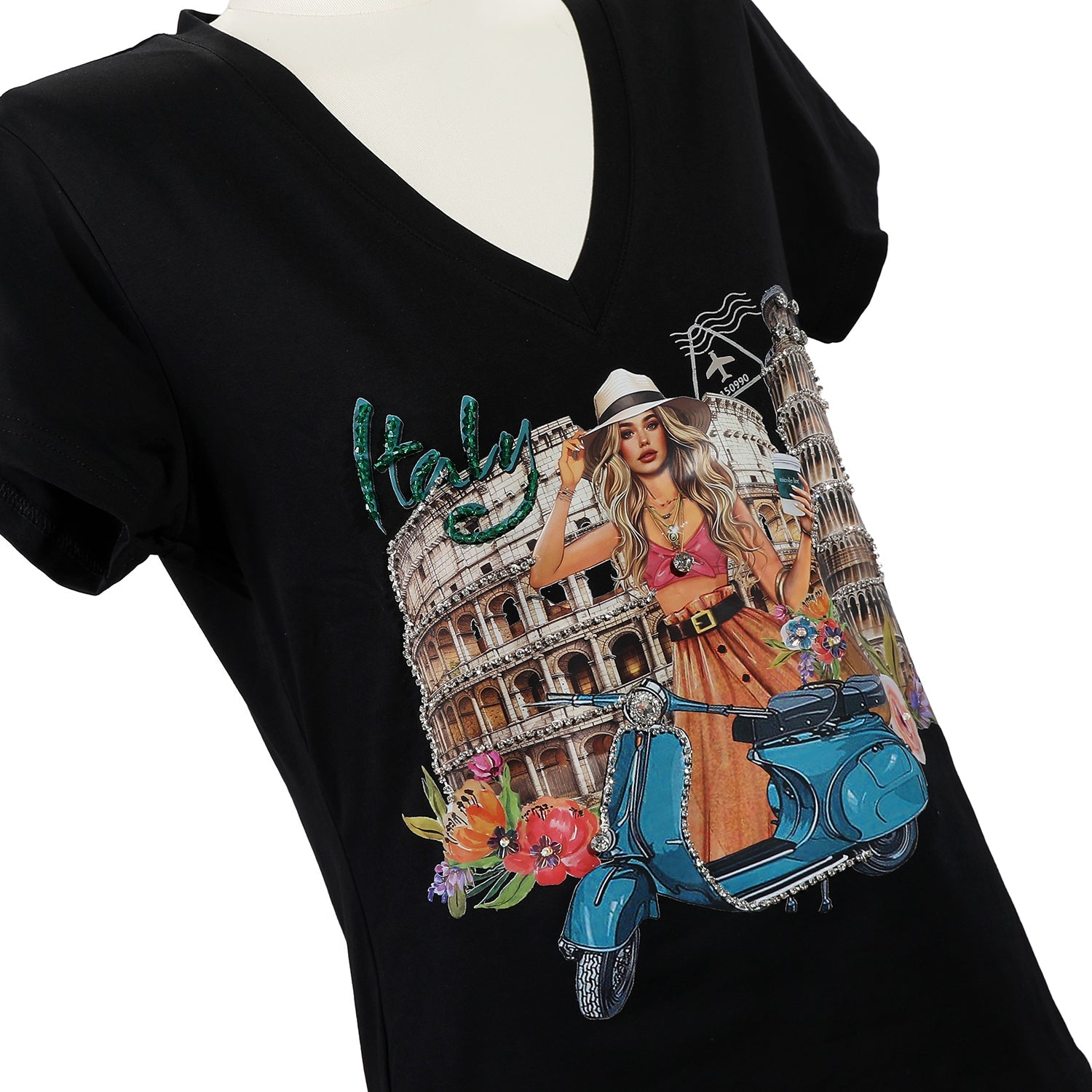 MODISCHES T-SHIRT MIT V-AUSSCHNITT (<tc>MARTHA TRAVELS ITALY</tc>)