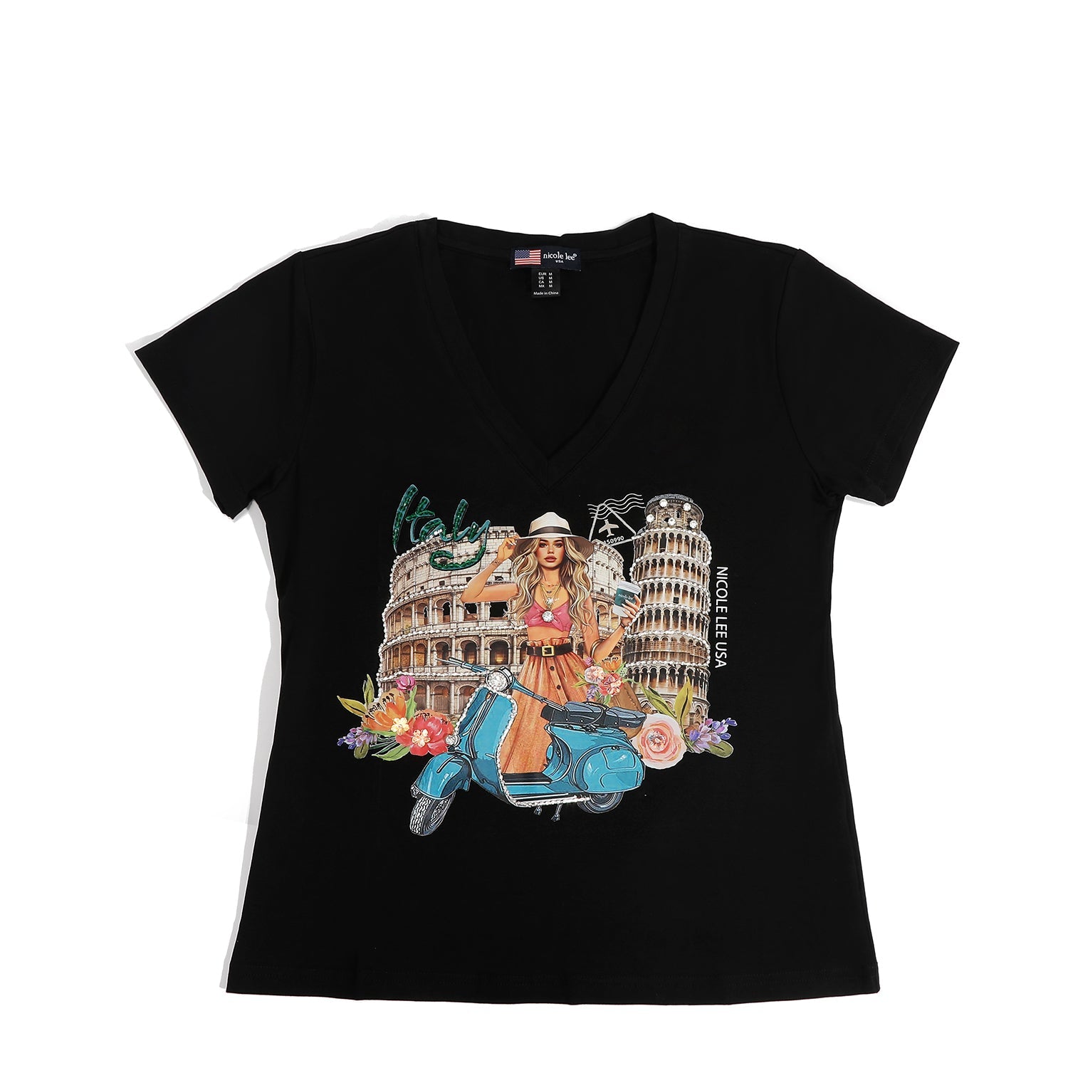 CAMISETA DE MODA CON CUELLO EN V (MARTHA TRAVELS ITALY)