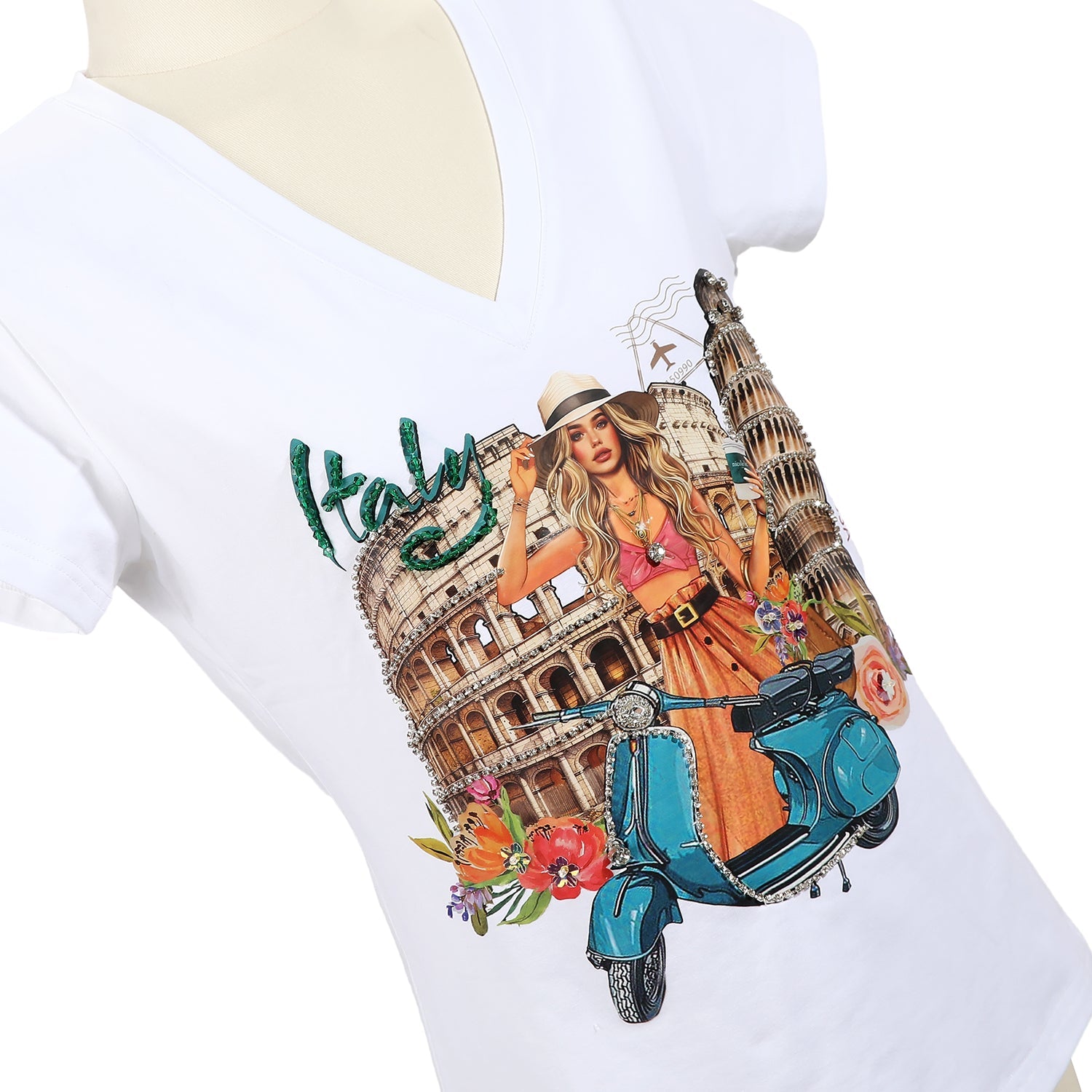 MODISCHES T-SHIRT MIT V-AUSSCHNITT (<tc>MARTHA TRAVELS ITALY</tc>)