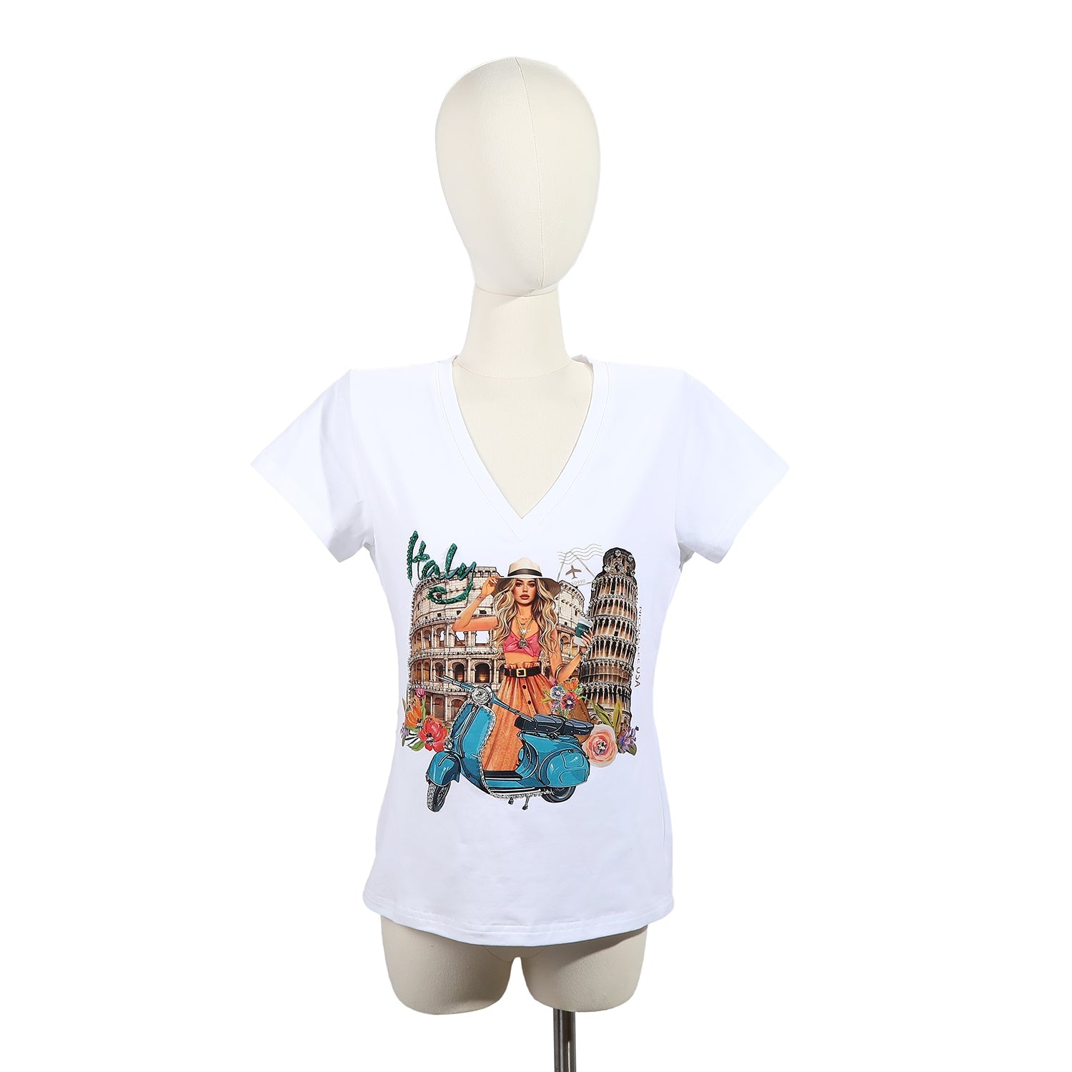 MODISCHES T-SHIRT MIT V-AUSSCHNITT (<tc>MARTHA TRAVELS ITALY</tc>)