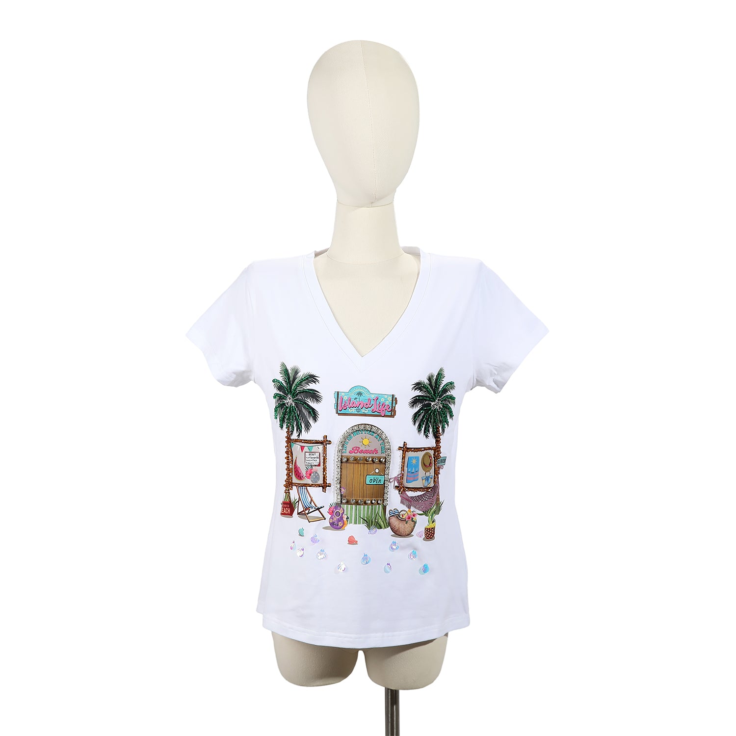 CAMISETA DE MODA CON CUELLO EN V (SUN & SAND)