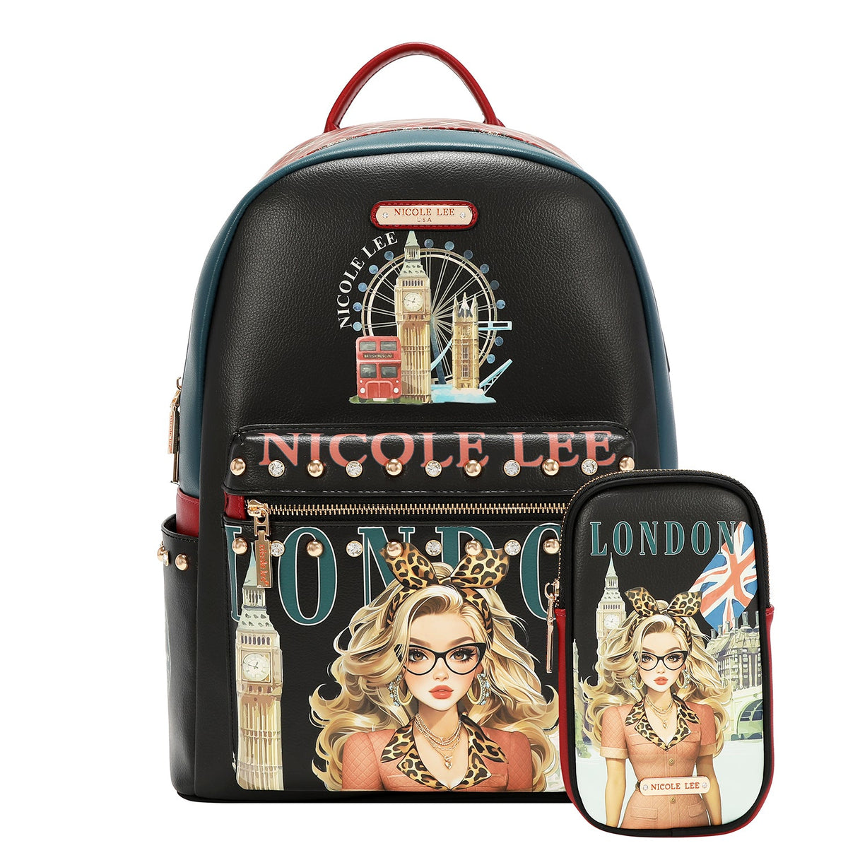 MOCHILA GRANDE DE MODA CON PUERTO DE CARGA USB Y BOLSA (LONDON EYE-NEGRO)