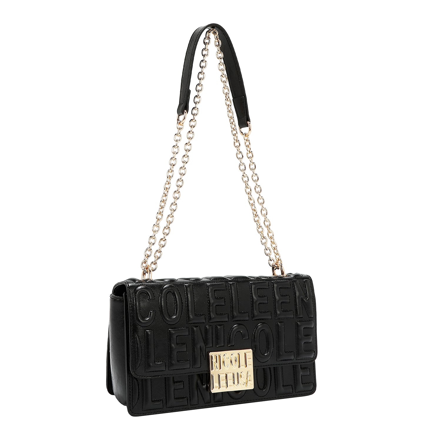 BORSA A TRACOLLA CON CATENA E LOGO RILIEVO (NERO)