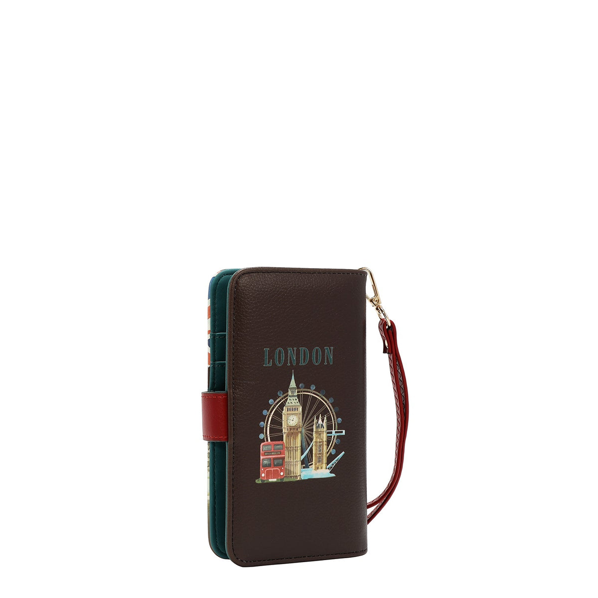 FUNDA DE TELÉFONO Y CARTERA CON LA FIRMA DE NL CON CORREA (LONDON EYE-MARRON)