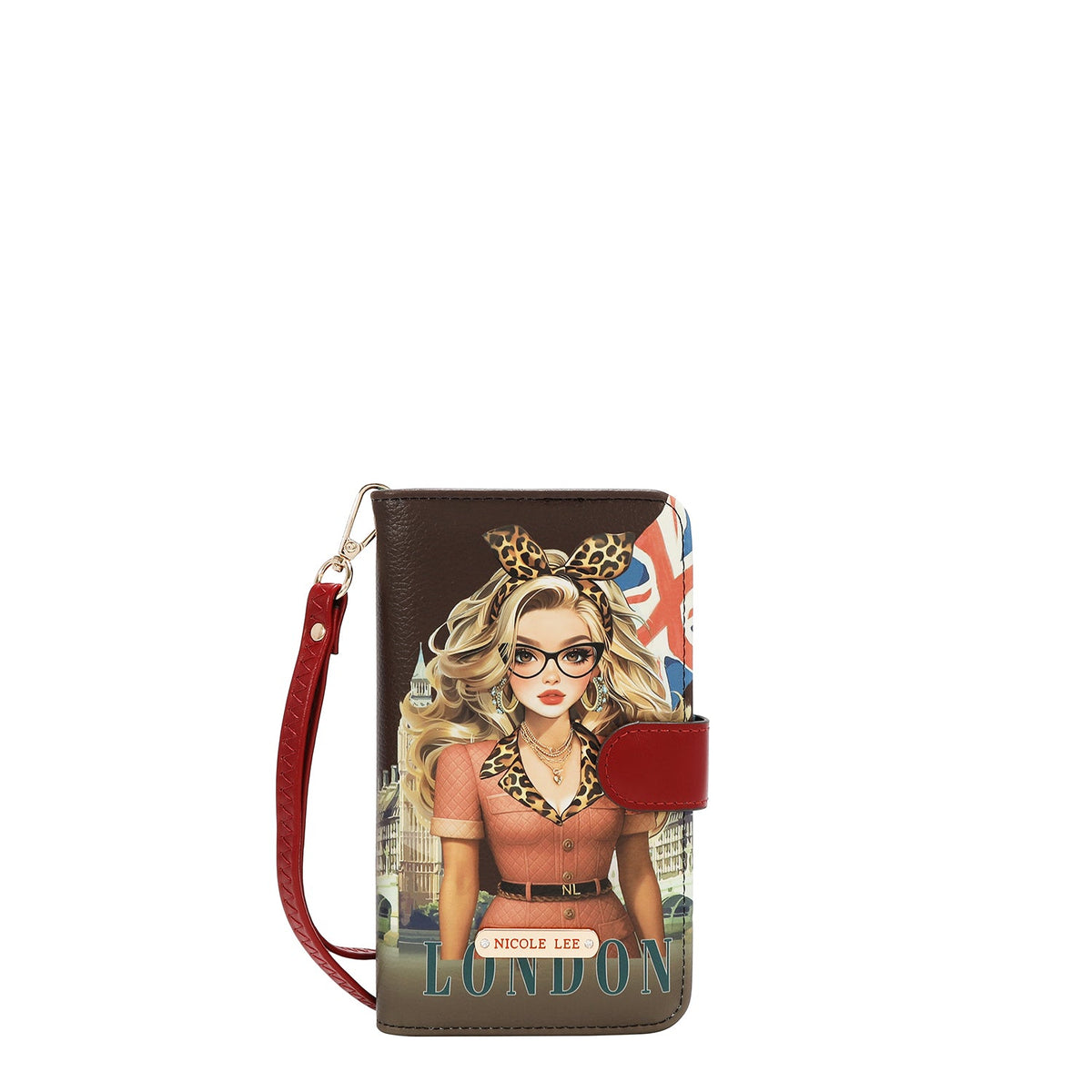 FUNDA DE TELÉFONO Y CARTERA CON LA FIRMA DE NL CON CORREA (LONDON EYE-MARRON)