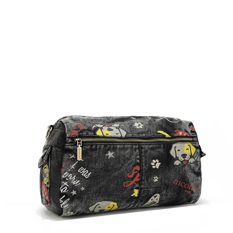GRAY DENIM FABRIC MESSENGER CROSSBODY BAG
