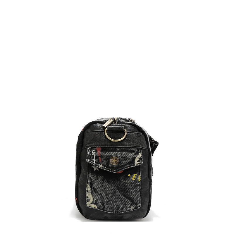 GRAY DENIM FABRIC MESSENGER CROSSBODY BAG