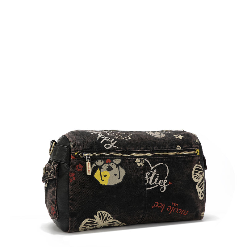 BROWN DENIM FABRIC MESSENGER CROSSBODY BAG