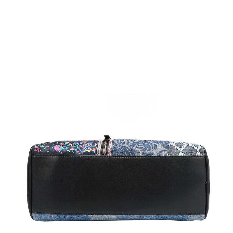 Rectangular bottom angle of our Bosque de amor denim satchel bag.