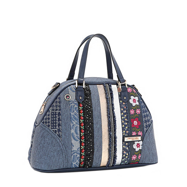 DOME SATCHEL BAG WITH FLORAL PATCH (BLUE)