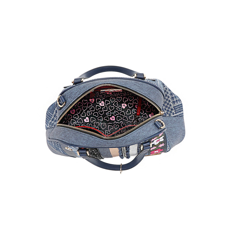 DOME SATCHEL BAG WITH FLORAL PATCH (BLUE)