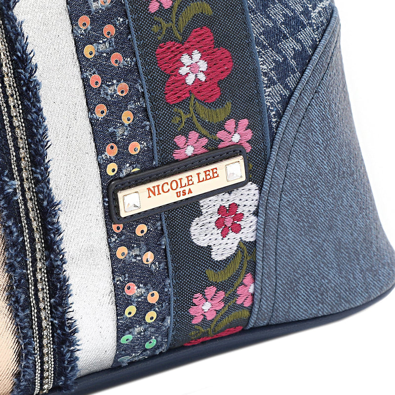 DOME SATCHEL BAG WITH FLORAL PATCH (BLUE)