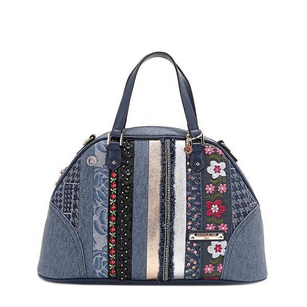 DOME SATCHEL BAG WITH FLORAL PATCH (BLUE)