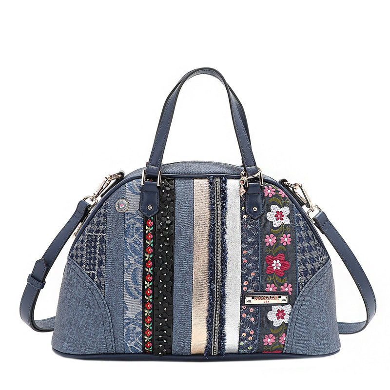 DOME SATCHEL BAG WITH FLORAL PATCH (BLUE)