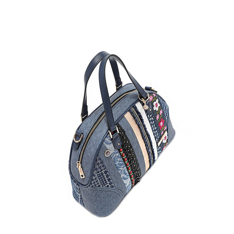 DOME SATCHEL BAG WITH FLORAL PATCH (BLUE)