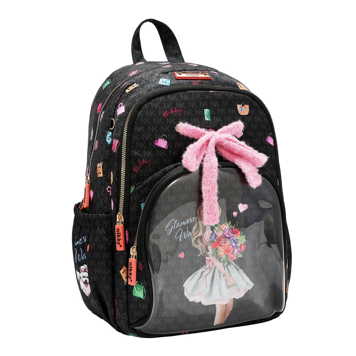 MOCHILA MEDIANA DE NAILON CON MOÑO (GLAMOROUS WALK-NEGRO)