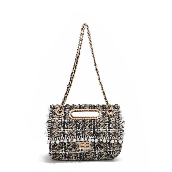 TWEED STYLE CLUTCH BAG WITH FLAP (BEIGE)
