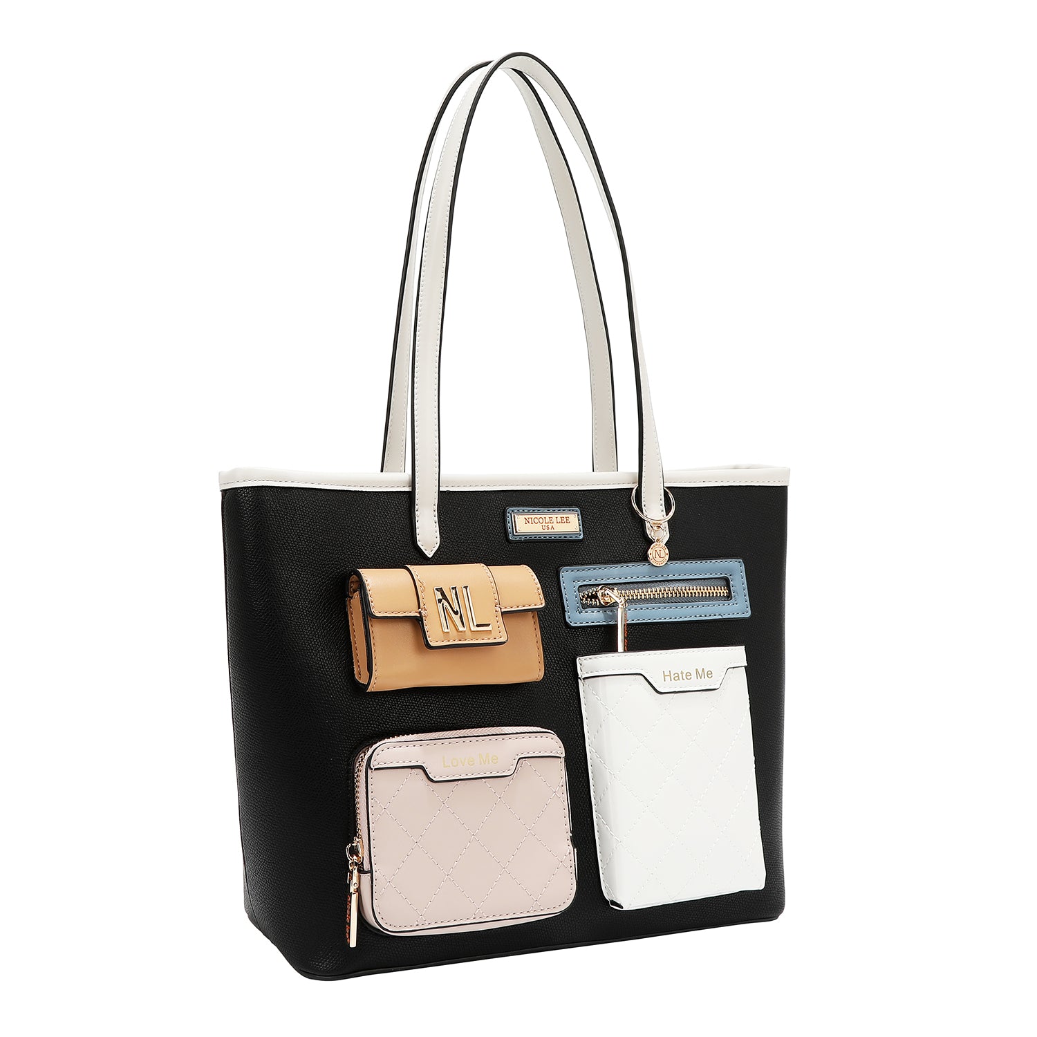 BOLSO SHOPPER CON BOLSILLO Y BLOQUES DE COLOR (NEGRO)