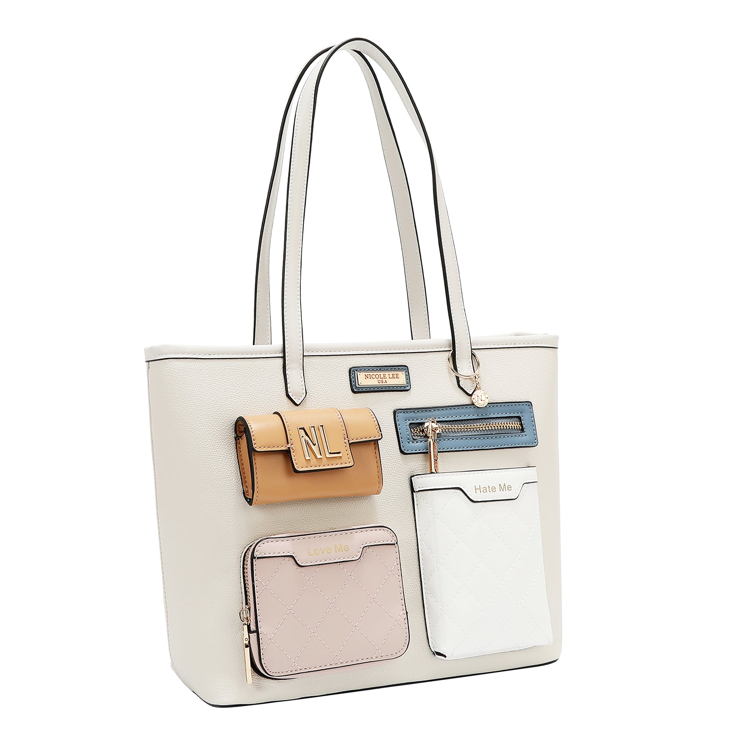 Shopper bag with pocket and color blocks (white)
