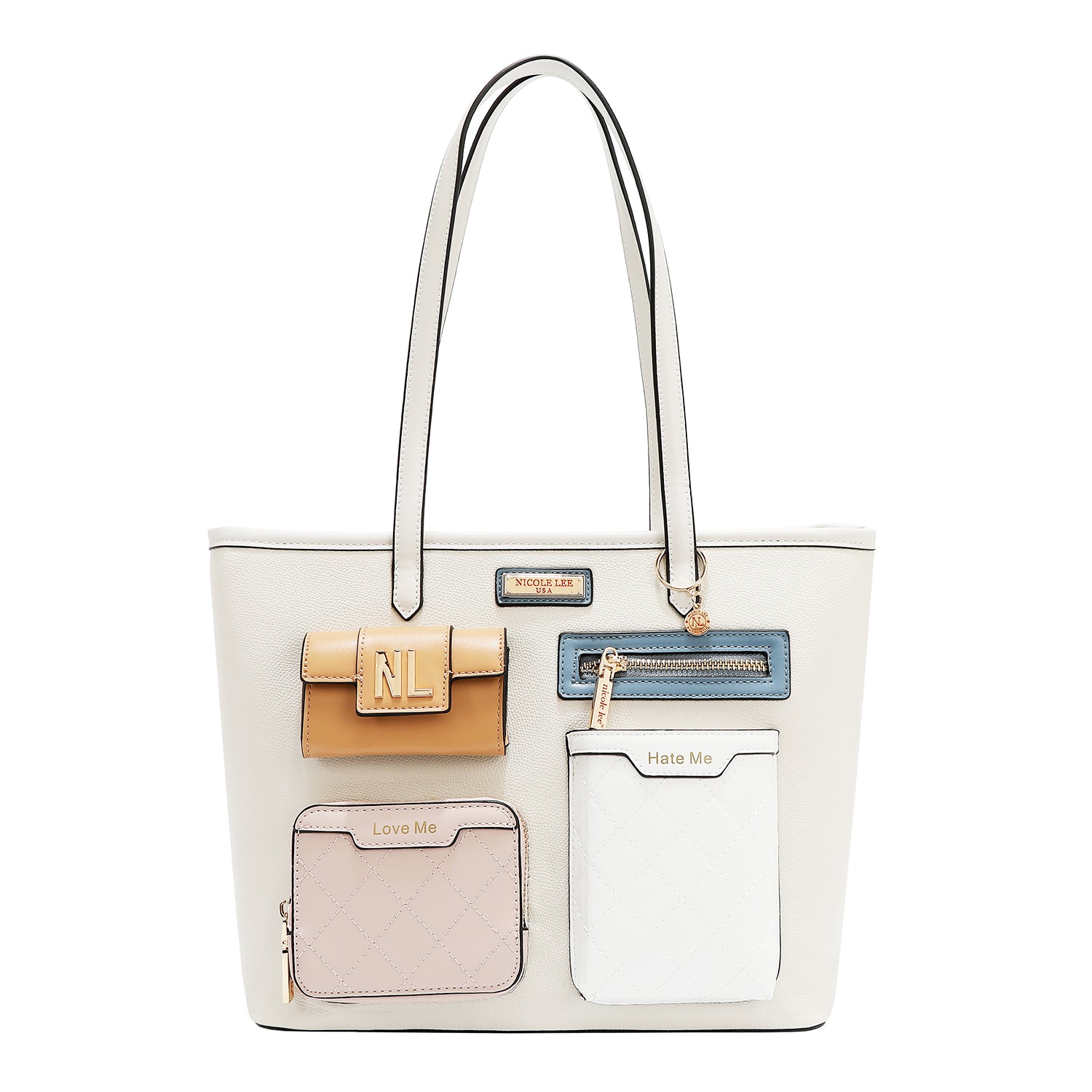 Shopper bag with pocket and color blocks (white)