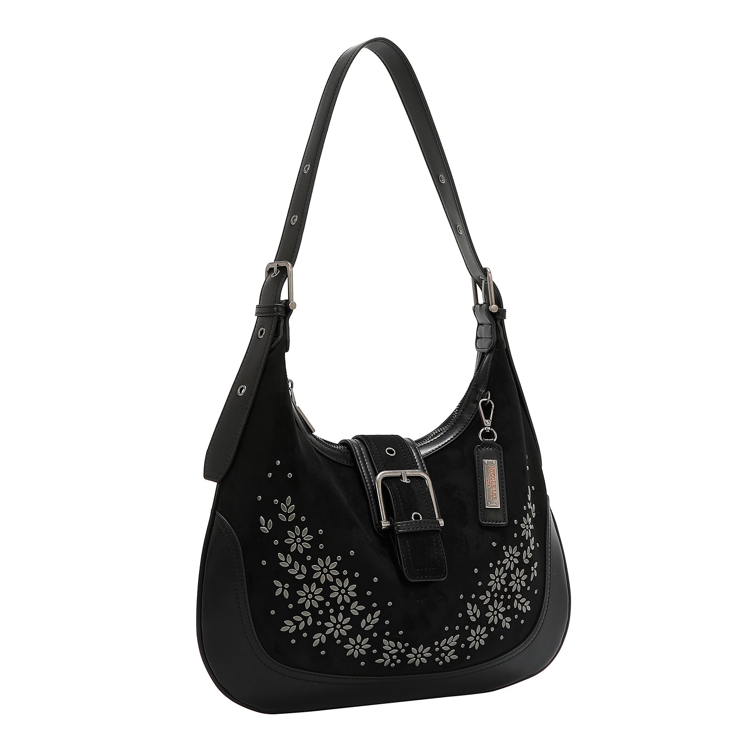 BORSA A TRACOLLA CON DISEGNO FLOREALE A FORMA DI MEZZA LUNA (NERO)