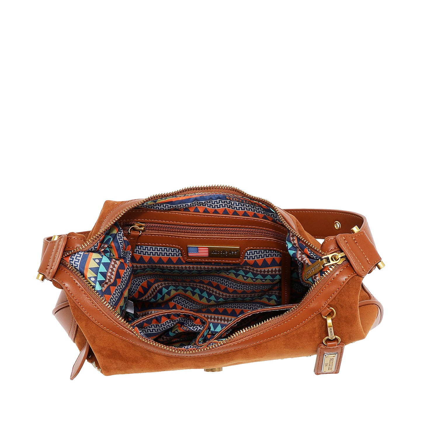 BOLSA DE OMBRO COM DESENHO FLORAL EM FORMA DE LUA CRUZADA (AZEITONA)