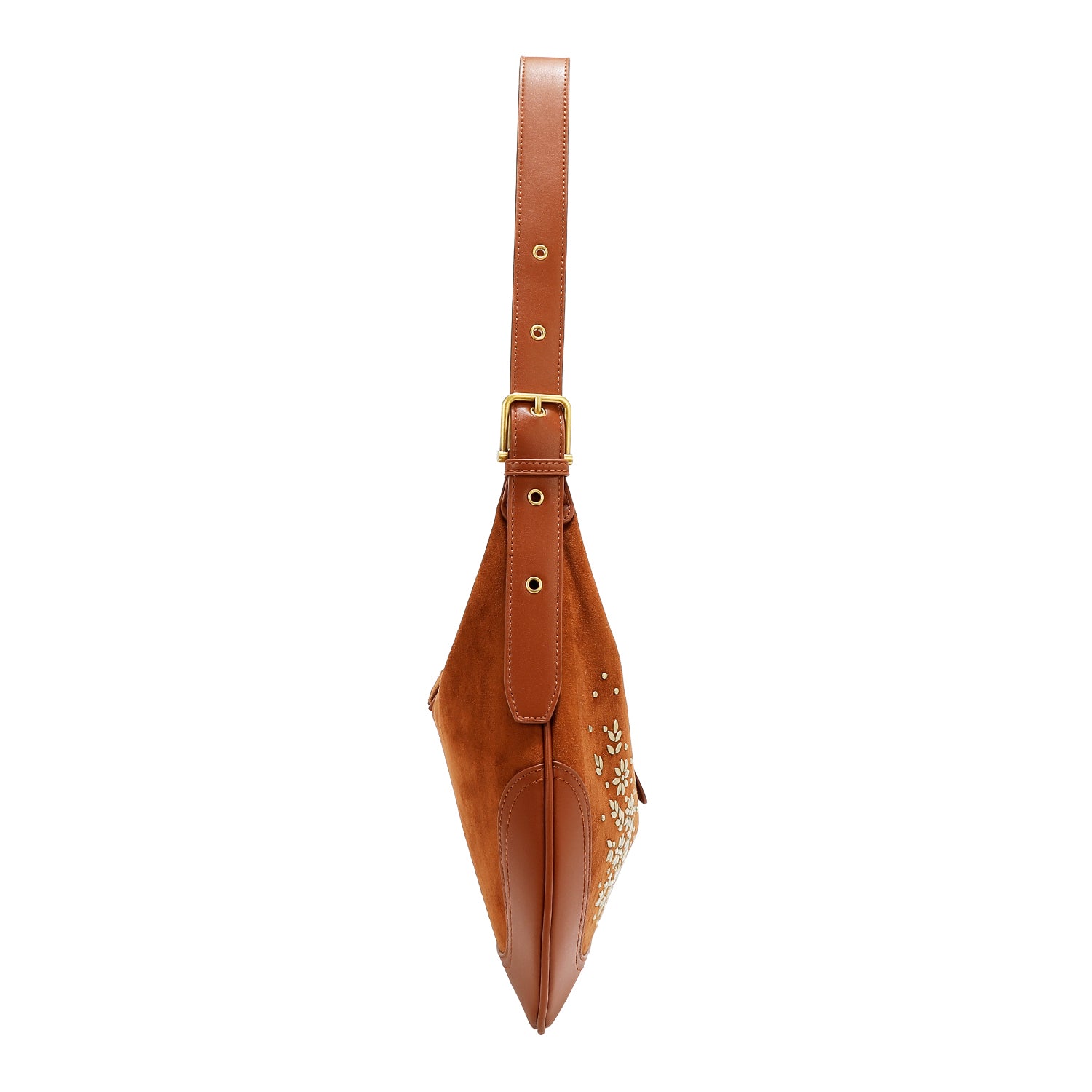 SHOULDER BAG WITH FLORAL DESIGN IN THE SHAPE OF A HALF MOON (BROWN)