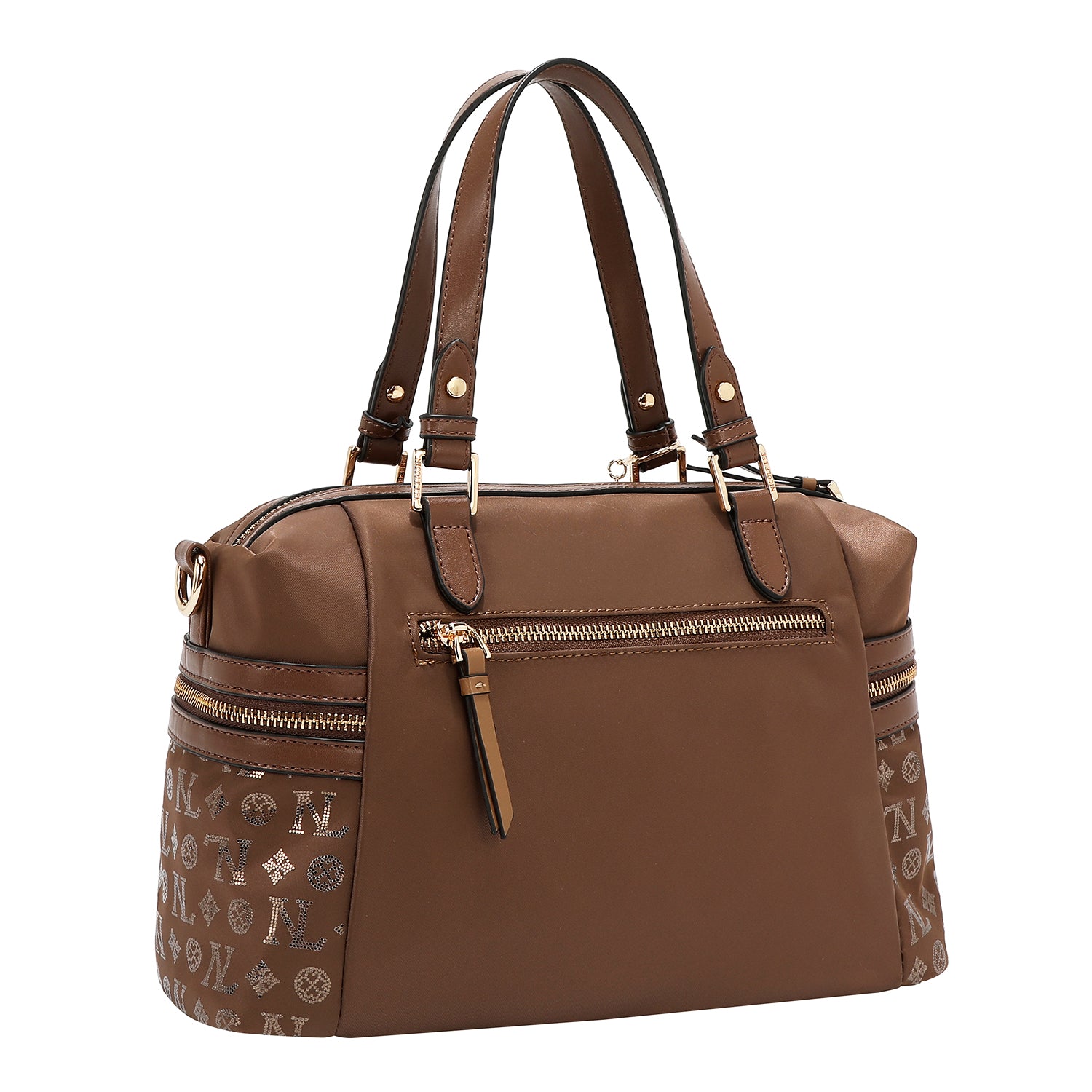 BOLSA SATCHEL COM LOGOTIPO MONOGRAMA (MARROM)