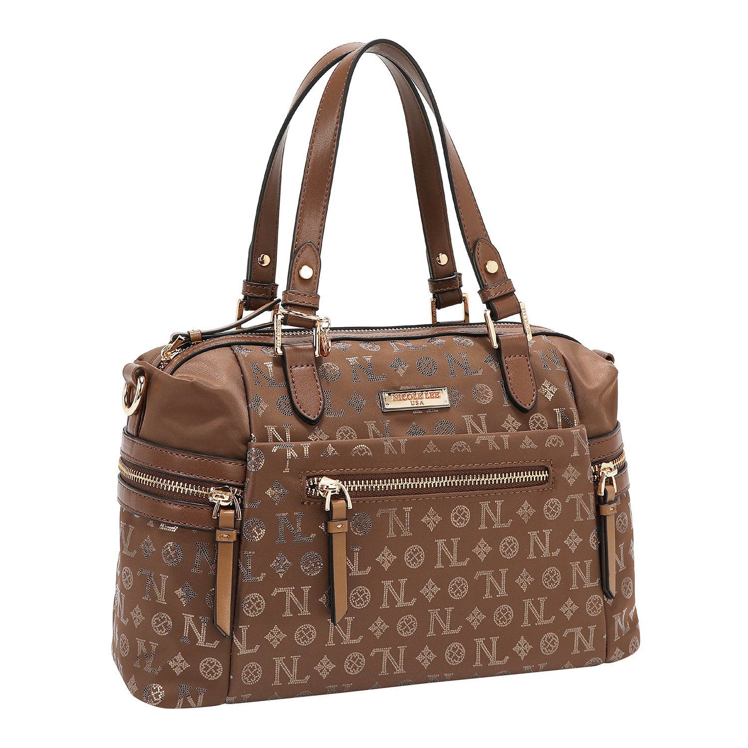 BOLSA SATCHEL COM LOGOTIPO MONOGRAMA (MARROM)