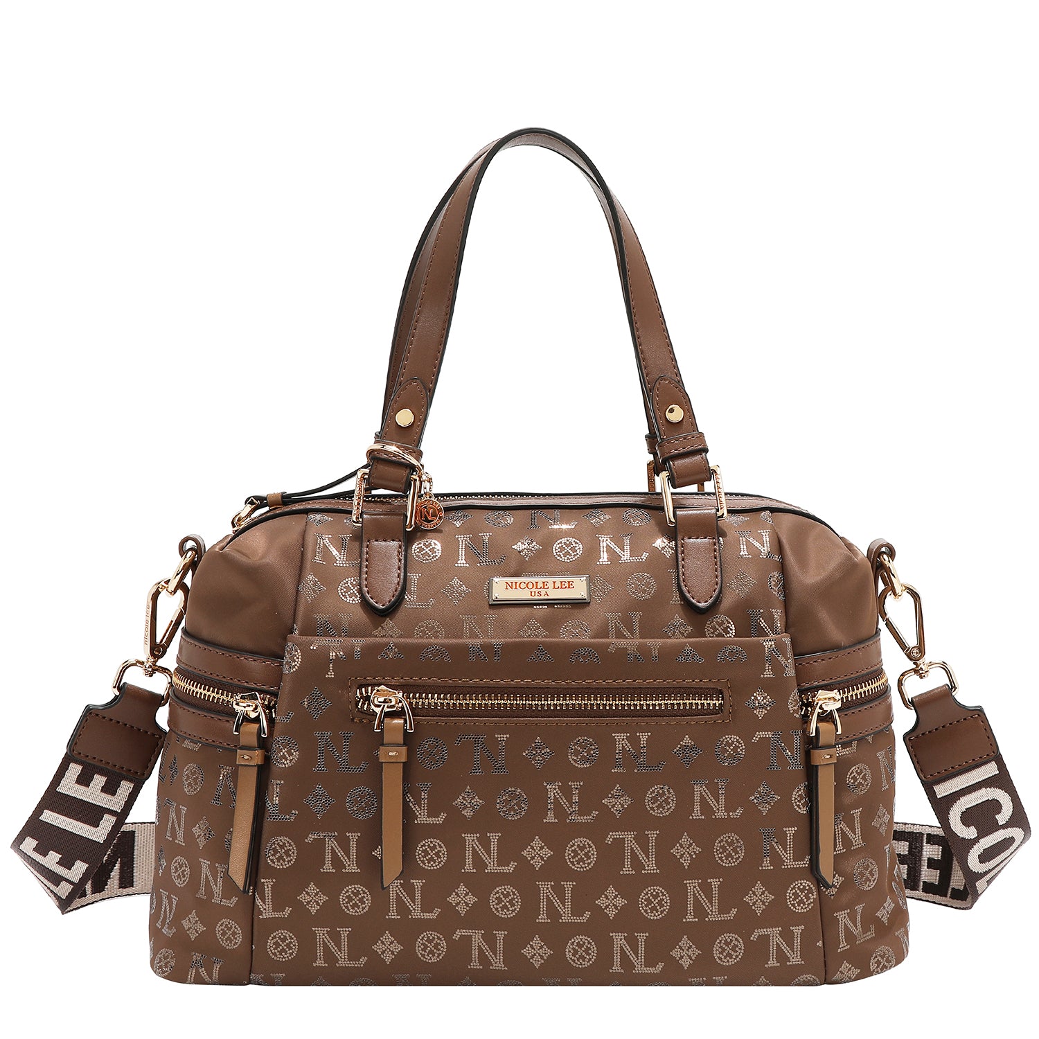 BOLSA SATCHEL COM LOGOTIPO MONOGRAMA (MARROM)