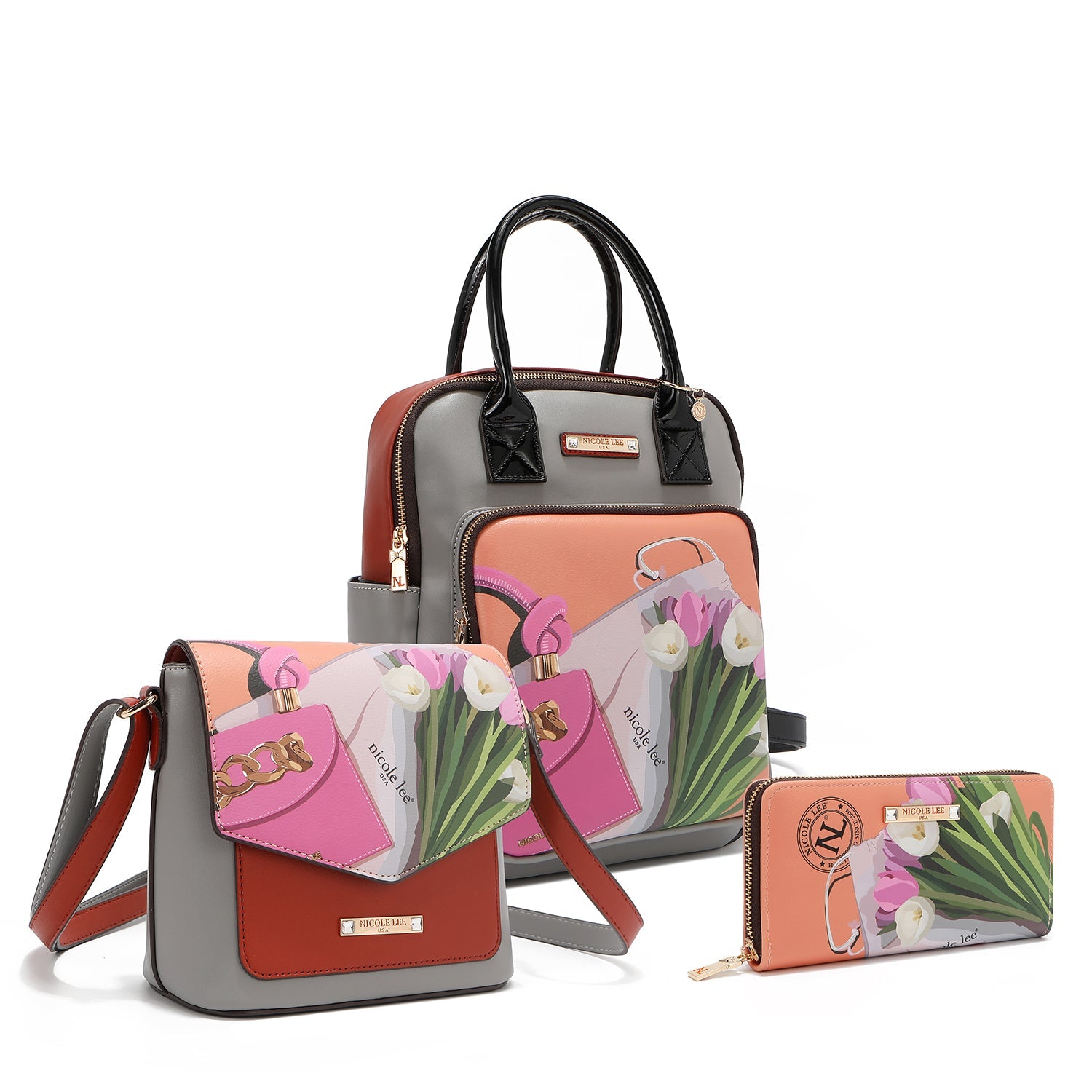 Conjunto de 3 peças (mochila, bolsa transversal, carteira) (<tc>VIOLET BLOSSOM</tc>)