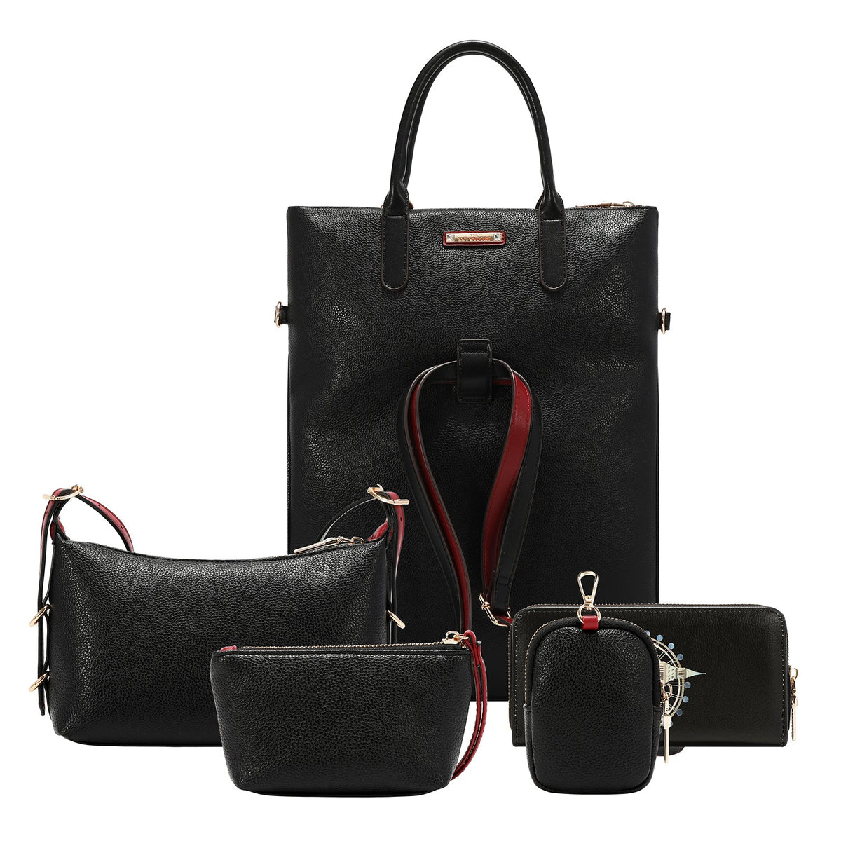 CONJUNTO DE 5 PZ BOLSO CONVERTIBLE A MOCHILA (LONDON EYE-NEGRO)