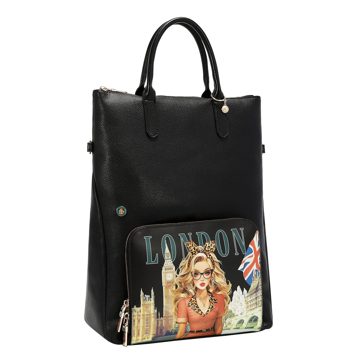 CONJUNTO DE 5 PZ BOLSO CONVERTIBLE A MOCHILA (LONDON EYE-NEGRO)