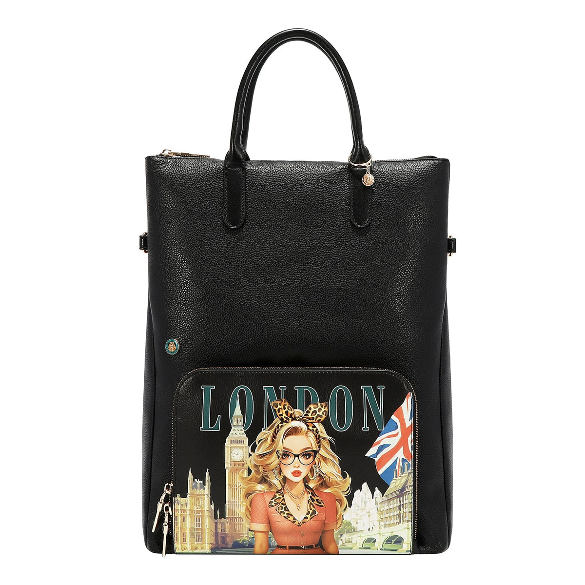 CONJUNTO DE 5 PZ BOLSO CONVERTIBLE A MOCHILA (LONDON EYE-NEGRO)