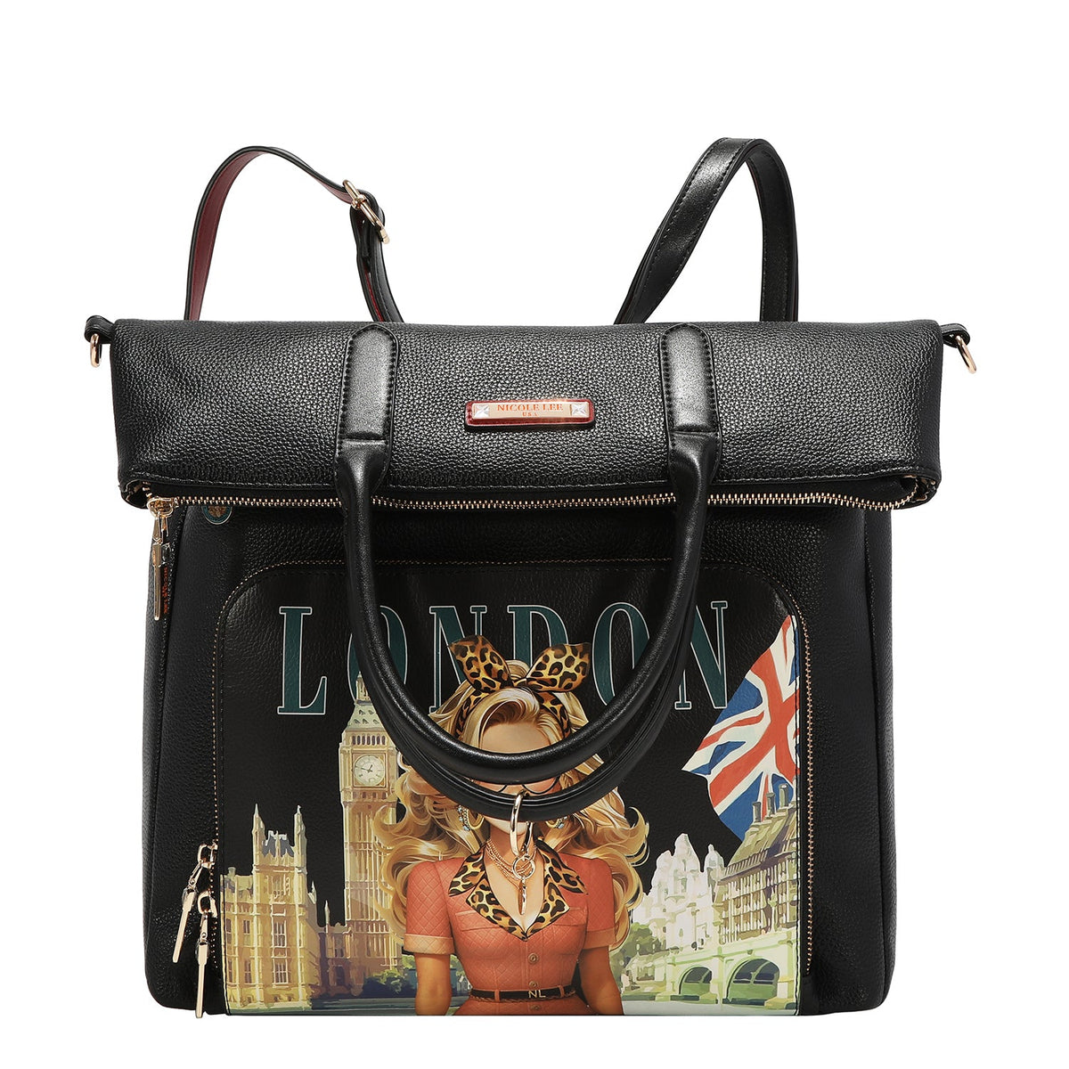 CONJUNTO DE 5 PZ BOLSO CONVERTIBLE A MOCHILA (LONDON EYE-NEGRO)